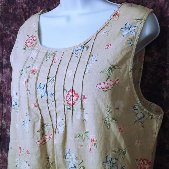 Vintage 90s White Stag Linen Floral Maxi Dress XL Pin-Tucks Side-Slits Belted - Picture 4 of 13